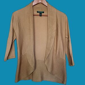 Ralph Lauren Lightweight Gold Tan Shawl Collar Cardigan XS Cotton Open Front